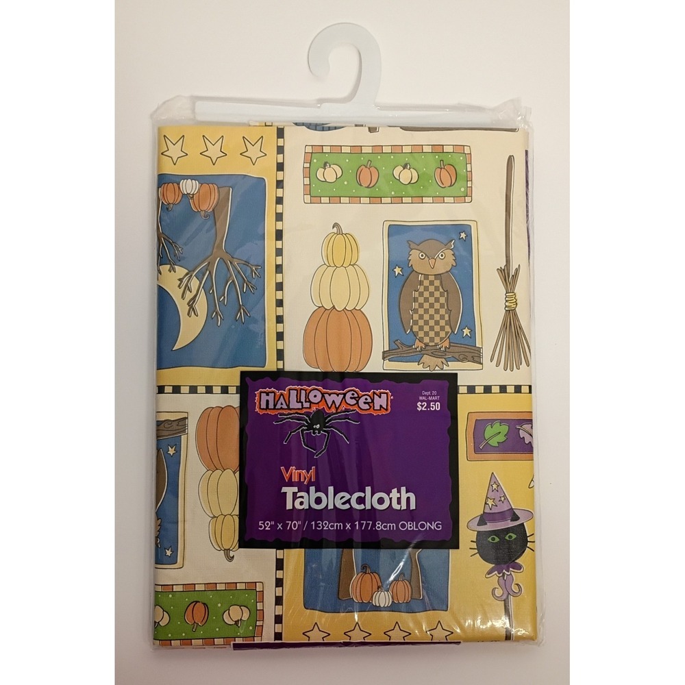 Vintage Halloween NOS 52"x70" Oblong Vinyl Tablecloth, Pumpkins Scarecrows
